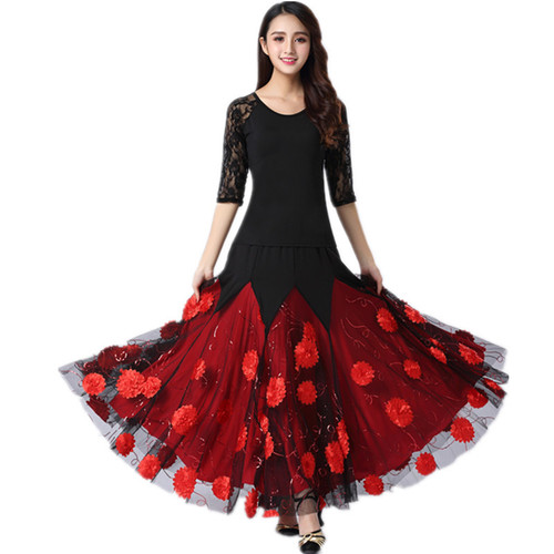 Women Girls black with red flowers Ballroom Dancing Dresses Tango Foxtrot Smooth Rhythm dance long Dance Skirts for woman