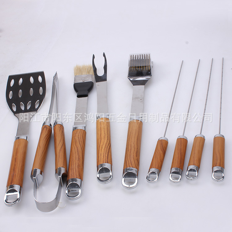 Directo de fábrica barbacoa parrilla mango de plástico parrilla 9 piezas de cartón conjunto de acero inoxidable utensilios de barbacoa al aire libre