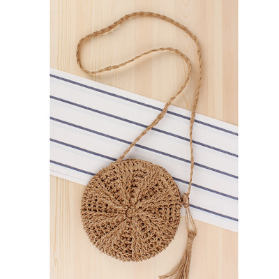 A round tassel women straddle straw bag, hand-made one shoulder woven bag, Sun Beach Bag