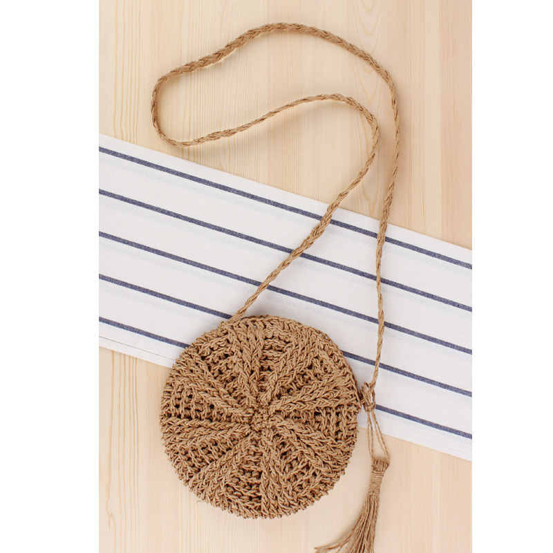 A round tassel women straddle straw bag, hand-made one shoulder woven bag, Sun Beach Bag