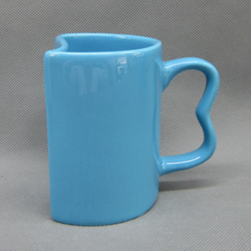 3字手柄陶瓷杯 异形手柄全蓝色釉陶瓷杯 情人节礼品陶瓷对杯