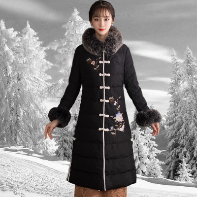 Down Women 2019 new pattern Mid length version winter Chinese style Retro Ethnic style Embroidery frog Fur collar Self cultivation thickening