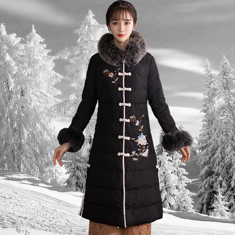 Down Women 2019 new pattern Mid length version winter Chinese style Retro Ethnic style Embroidery frog Fur collar Self cultivation thickening