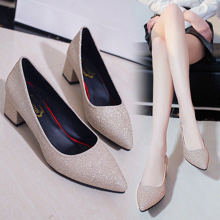 Shoes with Suit and Strand Skirt without Socks Spring and Autumn Korean Pointed Ladies High Heels Middle Heel Thick Documentary