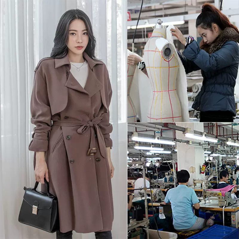 风衣女加工定制  韩版休闲时尚长款风衣复古系带收腰修身风衣外套