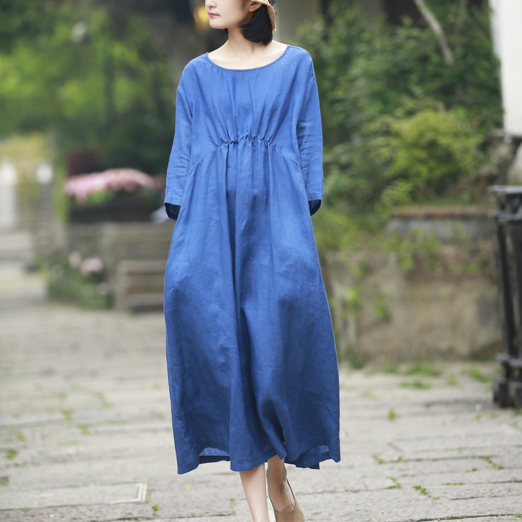 Y763 ramie pleated high waist loose big pendulum dress round neck big yard robe minimalist skirt