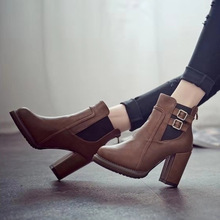 wish亚马逊大码粗跟骑士靴女2020秋冬新款后拉链皮带扣高跟短靴