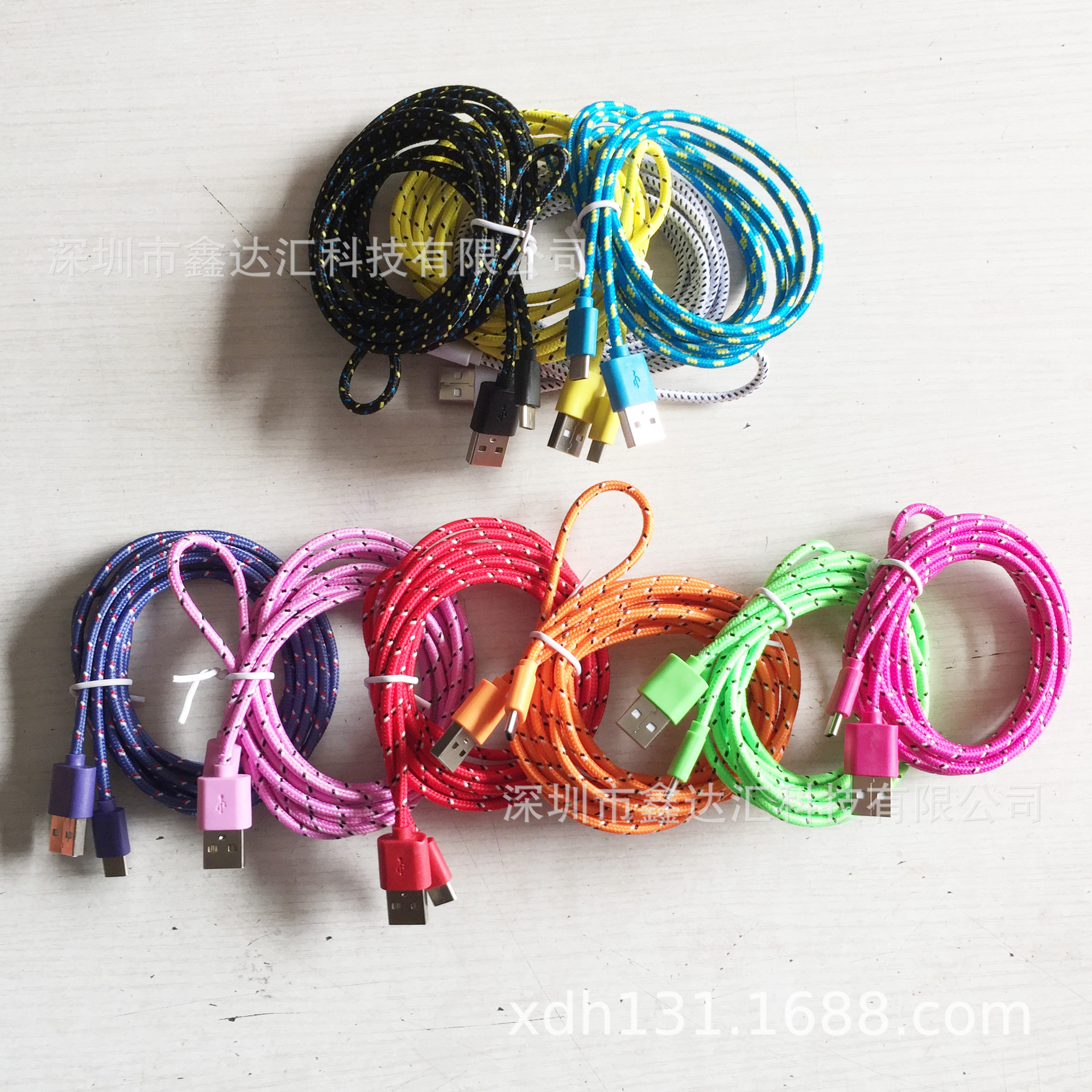安卓迈克5PIN手机充电线 V8彩色花纹双色圆编织布麻绳数据线USB头
