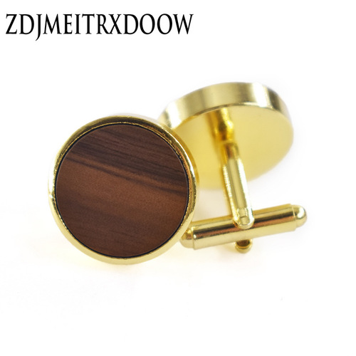 Large round cufflinks made of solid wood American black walnut maple wood, electroplated gold.