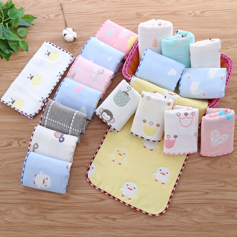 厂家批发六6层纱布婴幼儿卡通提花25*50花边童巾全棉儿童毛巾|ru