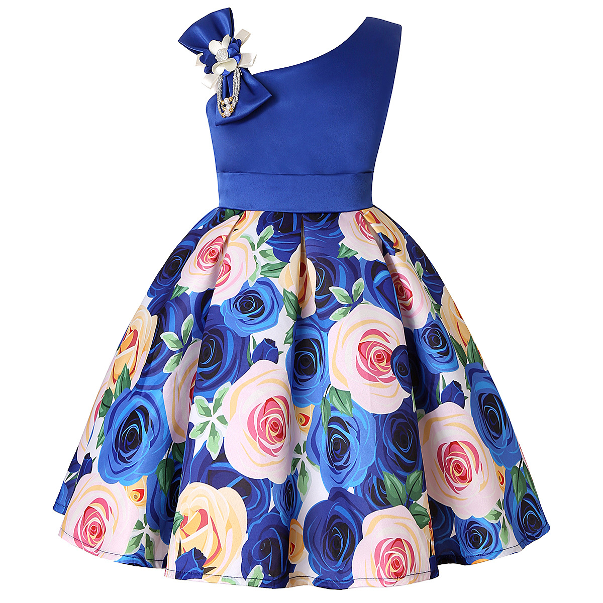 Oblique Shoulder Children's Dress Rose Print Dress