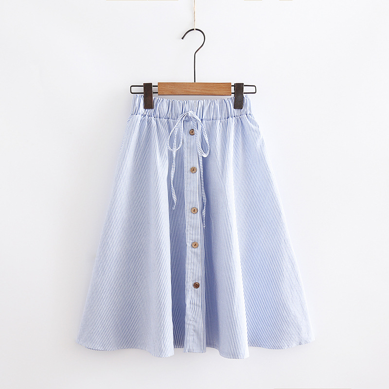 Summer New Japanese Style Small Fresh Striped Elastic High Waist Skirt Women's Single-breasted Mid-length A-line Skirt