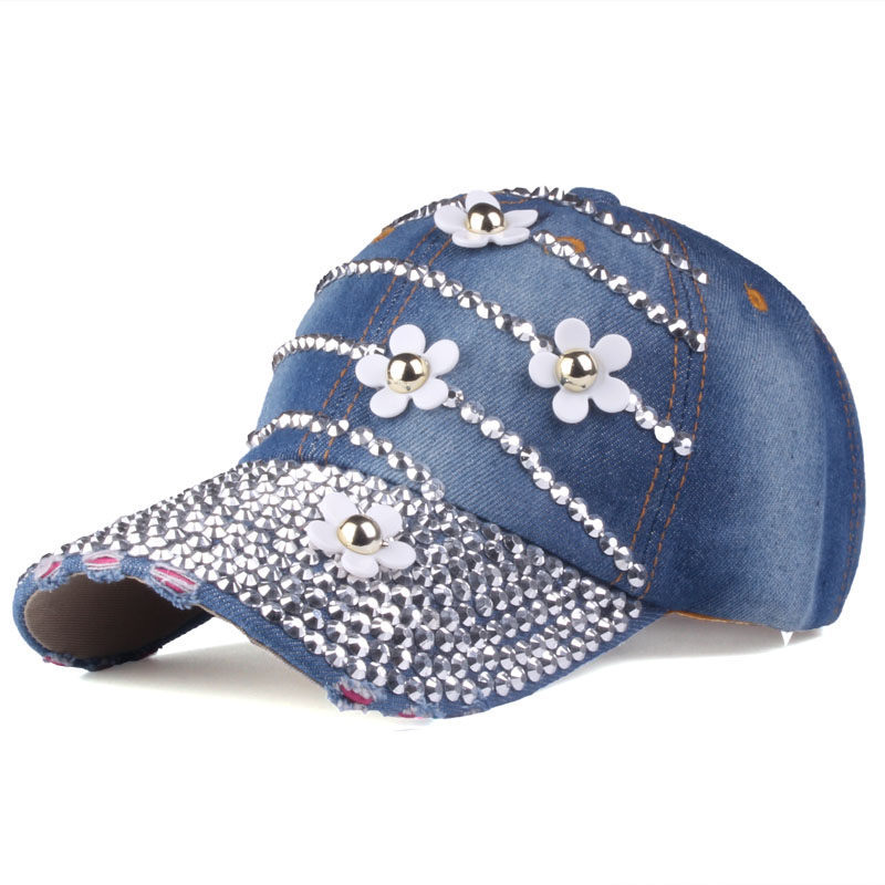 Cotton, Denim, Acrylic Material Flower Pattern Summer, Spring, Autumn Season Women's Retro Flower Rhinestone Crimping Baseball Cap