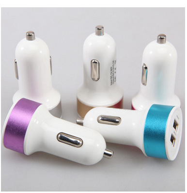 Metal ring car charger 2A square head aluminum alloy car phone charger dual USB car charger nipple gold