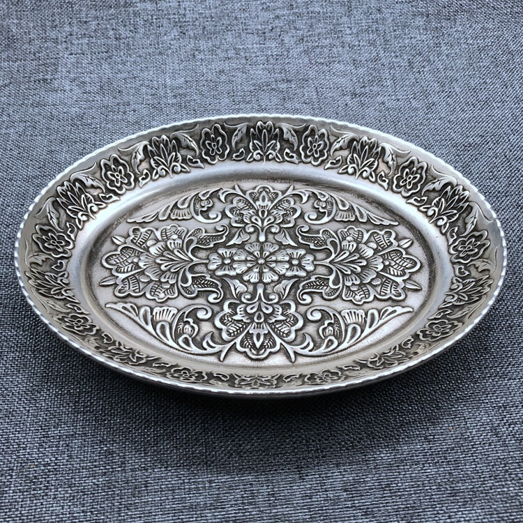 Antique white copper silver-plated Dragon and Phoenix plate pen wash plate Silver Bowl suit Xuan word bottom vintage carved oval ornaments Antique white copper silver-plated Dragon and Phoenix plate pen wash plate Silver Bowl suit Xuan word bottom vintage carved oval ornaments
