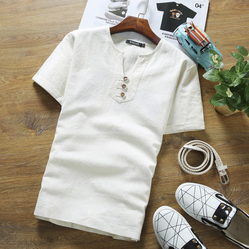 18 Summer New Men's Linen Short-sleeved T-shirt Japanese Style Large Size Casual Three-button Thin Cotton and Linen T-shirt T187