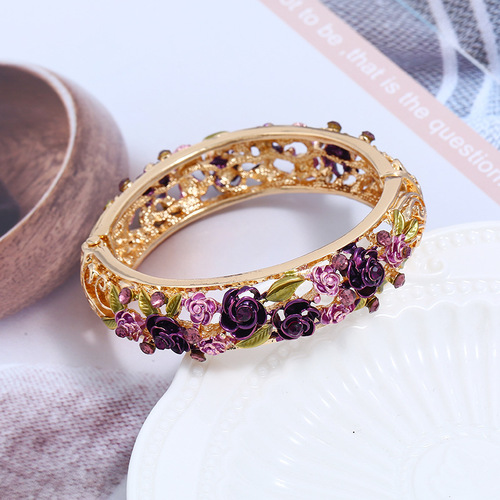 Cloisonne diamond-encrusted bracelet fashion retro hanfu jewelry KC gold hollow-out rose bracelet female bracelet accessories