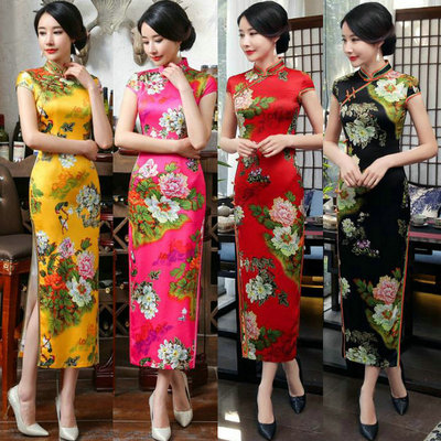 丝绸旗袍连衣裙新款春夏复古改良修身长款显瘦性感女走秀宴会旗袍|ru