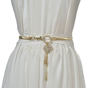 Women's Gold Elastic Belt with Elephant Pendant and Water Diamond Inlay Decoration Spring Waist Chain Dress Belt