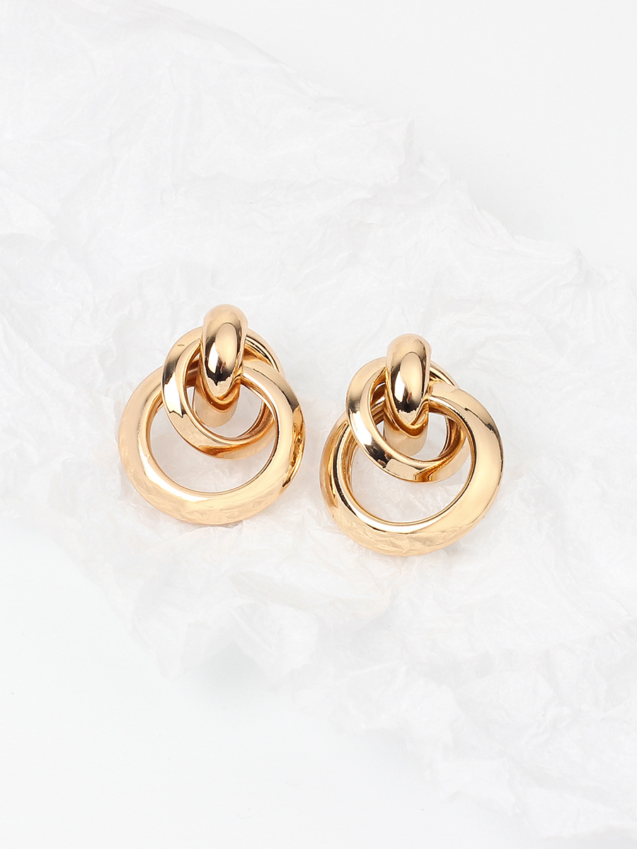 10g Weight No Inlaid Inlay Material Earrings Classification Birthday, Festival Occasion Women'S Gender Fashion Style Gold, Silver, Black Color Korean Metal Ring Interlaced Earrings 10