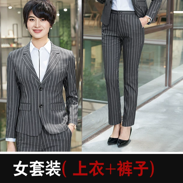 Female gray strip suit pants