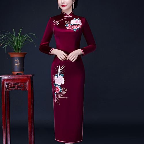burgundy chinese dress Floral Embroidery Cap Sleeve Full Length Velvet Cheongsam Chinese Dress Burgundy / L