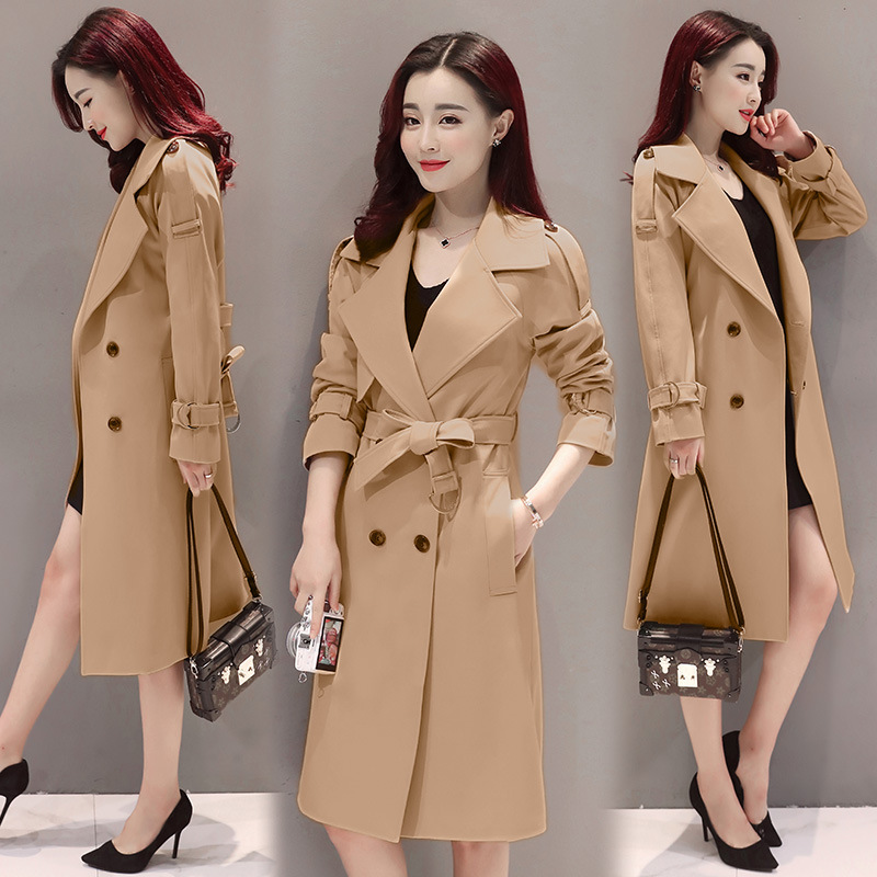中长款风衣女2020春季显瘦纯色韩版修身外套时尚长袖双排扣外套女|ru