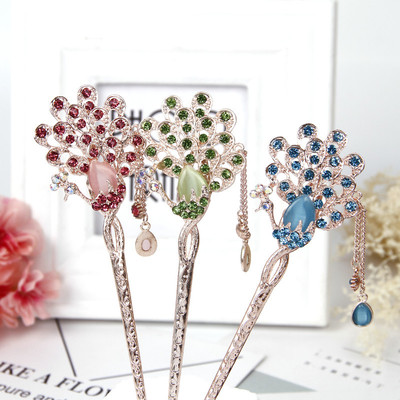 2018新款发饰 古典古风水钻发簪 流苏步摇玫瑰头饰 盘发簪子批发|ru