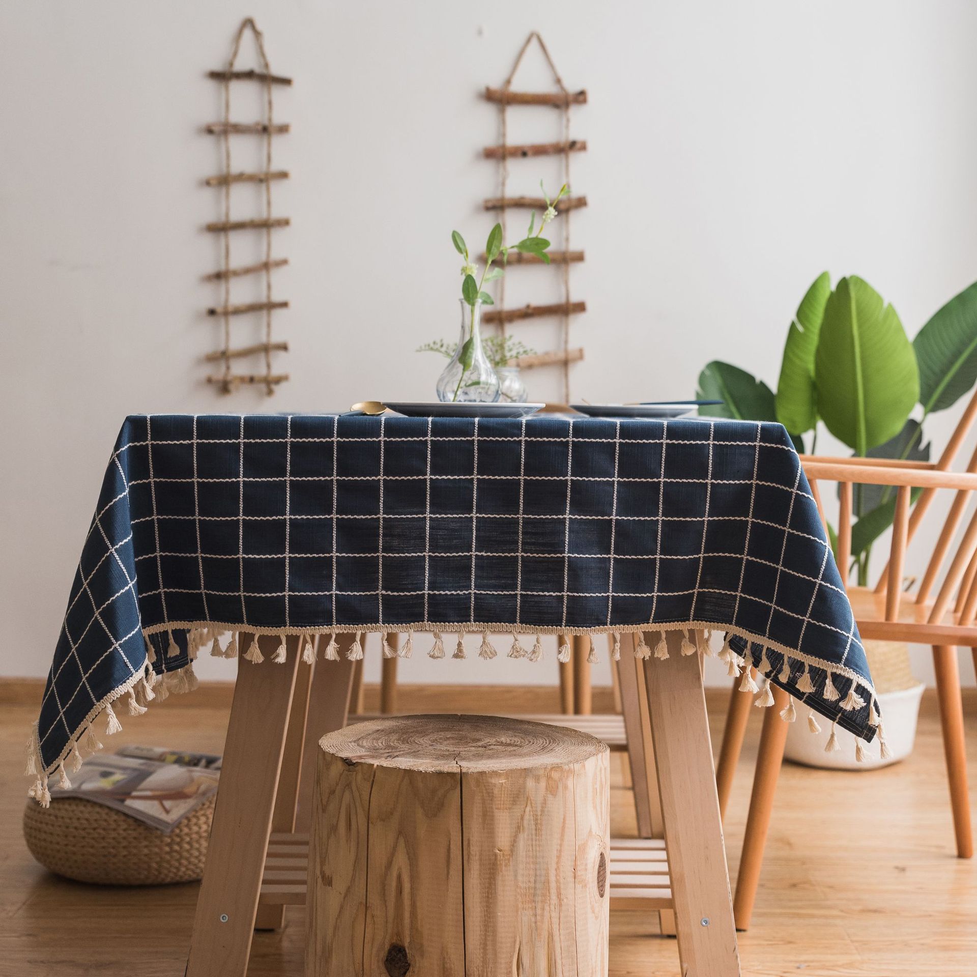 格子绣花简约桌布纯色棉麻小清新布艺流苏长方形茶几餐桌文艺