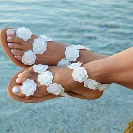 wish2018夏季外贸新款pu套趾花朵平底套口女士时尚大码凉鞋34-43