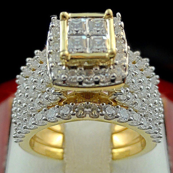 Sanjie wish New 18K Gold Plated Full Diamond Princess Square Diamond Ring European and American Luxury 2-Piece Engagement Ring