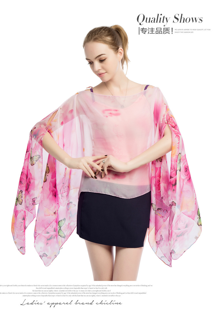 蝴蝶印花雪纺披肩 珍珠扣沙滩巾批发 跨境热销丝巾