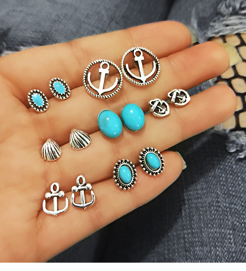 Fashion Alloy Stud Earrings Anchor Shell Inlaid Turquoise 7 Pairs Set display picture 1