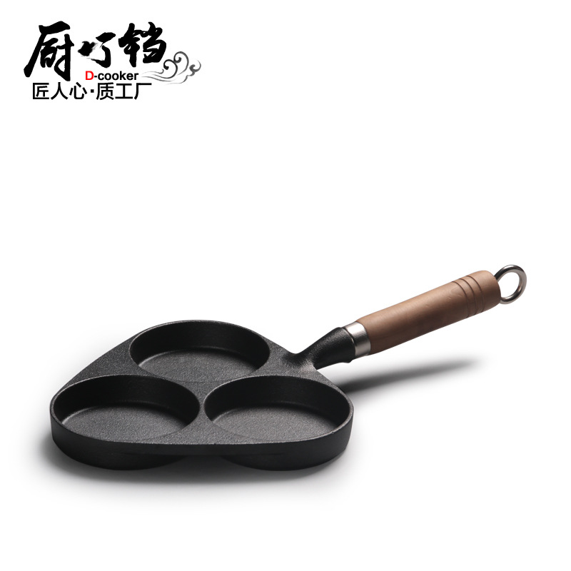 Cast iron pan three hole egg pan wood handle thickened non-coated egg dumpling pan customizable one piece dropshipping