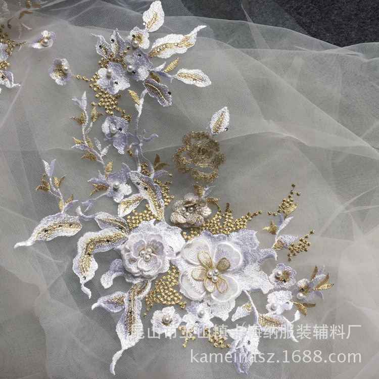 Poliéster bordado de seda macaron negro oro azul con cuentas de diamantes de imitación tridimensional encaje flor pegatinas bordado flor parche