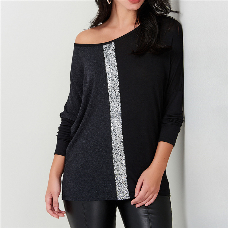 splicing sequined casual long-sleeved top  NSGE37730