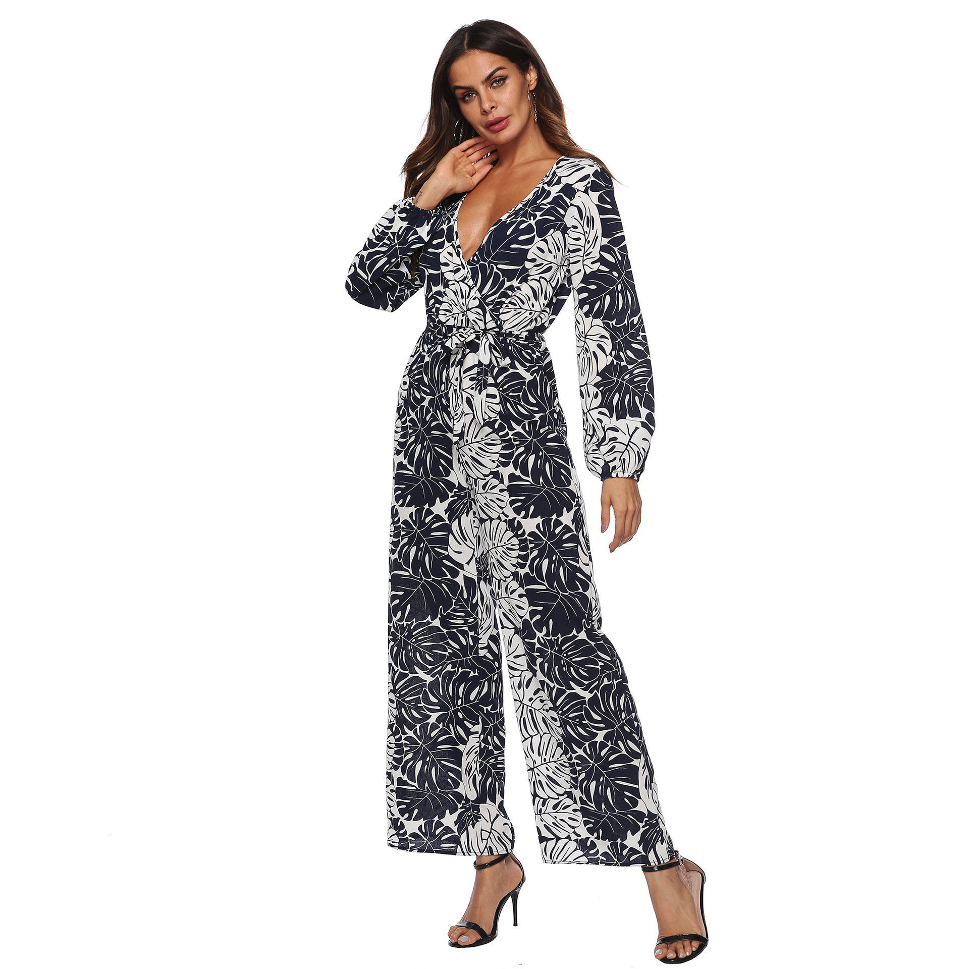 Chiffon Printed Long Sleeve Wide Leg Jumpsuit Deep V Neck Tie Waist Elegant Design Perfect for Spring Summer Events