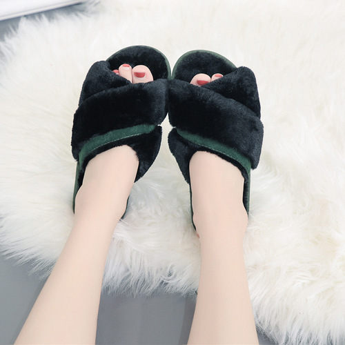 New Korean style cross fur slippers for women autumn color matching winter indoor plush floor slippers open toe slippers cotton slippers