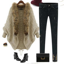 2025速卖通秋冬新款欧美外贸宽松大码针织开衫蝙蝠袖毛领毛衣外套