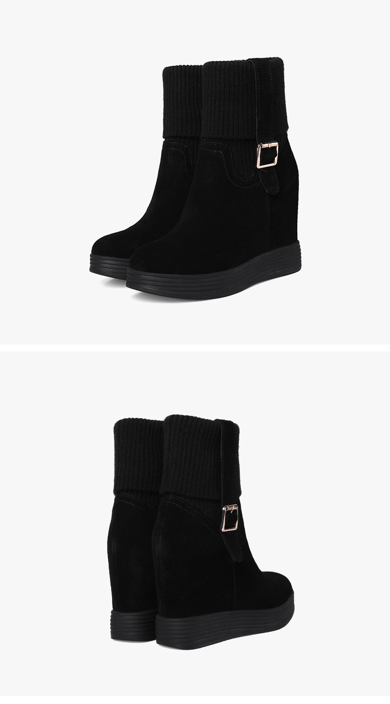 Boot cổ thấp nữ tăng chiều cao 12 cm đế xuồng phong cách Hàn Quốc — Lông cừu đen chi tiết 3