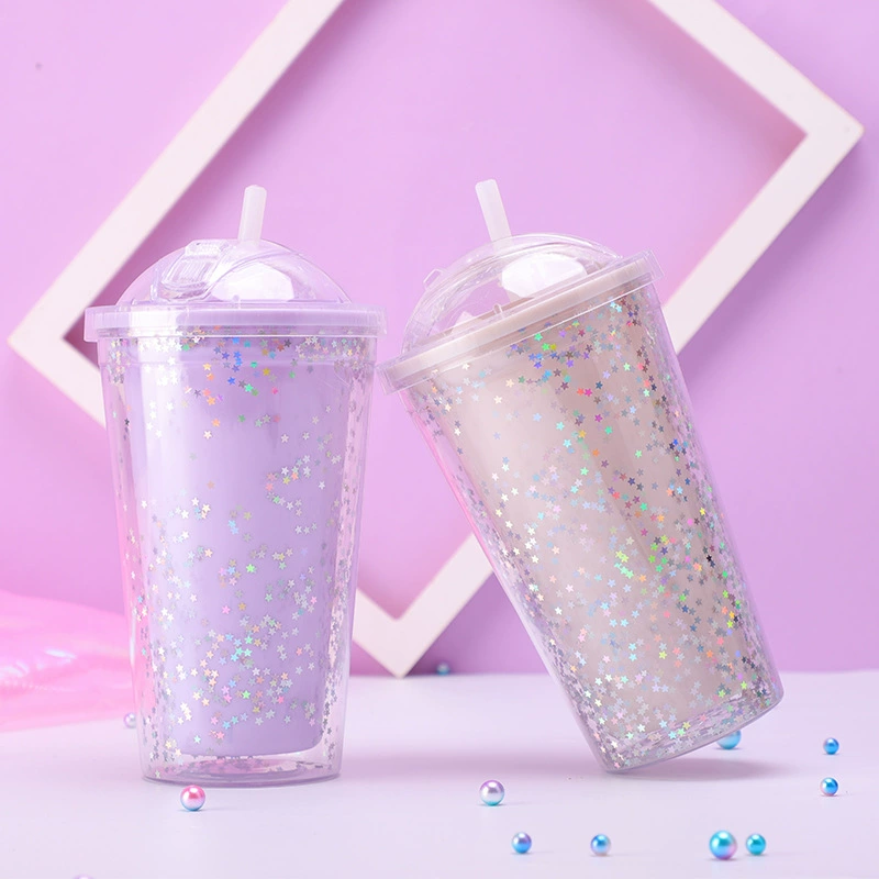 Double-layer fresh plastic straw for students with glass, Korean style