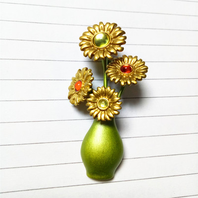 好真美飾品複古風格向日葵胸針烤漆胸花花瓶小別針梵高琺琅胸針