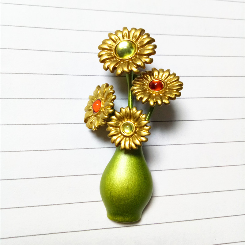 好真美飾品複古風格向日葵胸針烤漆胸花花瓶小別針梵高琺琅胸針