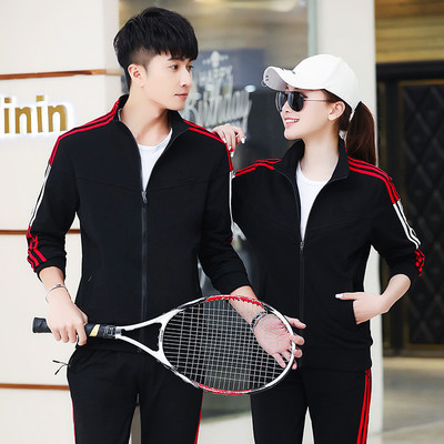 春秋运动服套装纯棉红色长袖套装跑步运动男女情侣运动服装批发|ru