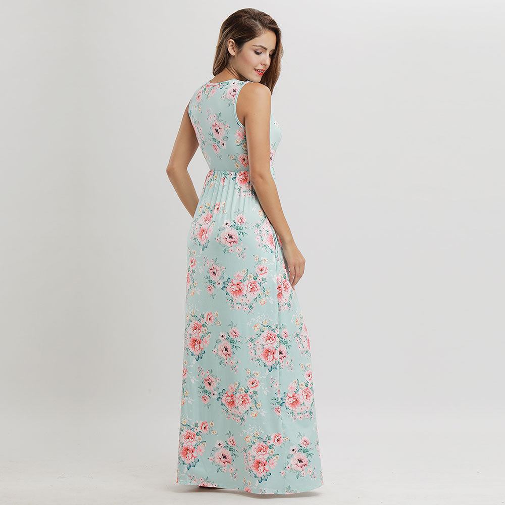 Summer Floral Print Maxi Dress Sleeveless Round Neck Beach Style Wholesale Available custom packaging