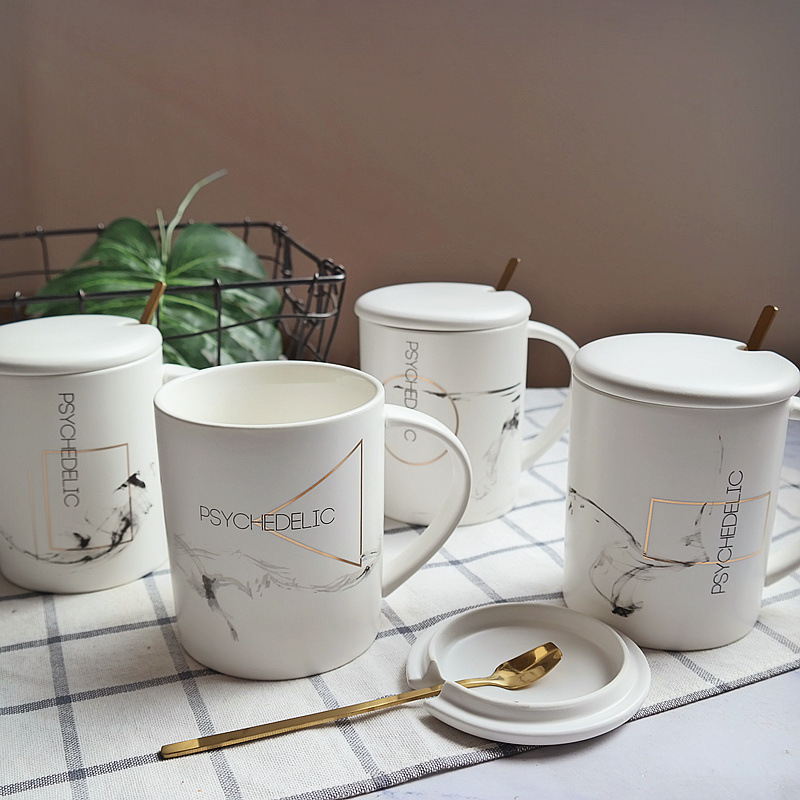 几何图形马克杯带盖勺情侣杯子简约陶瓷马克杯文艺咖啡杯