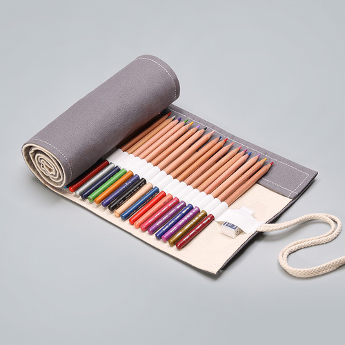 Handmade gray canvas art pen curtain 12 24 36 48 72 holes large capacity pencil bag color lead sketch stationery bag