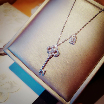 通体纯银925纯银通体闪钻满钻钥匙短款项链女韩版锁骨链