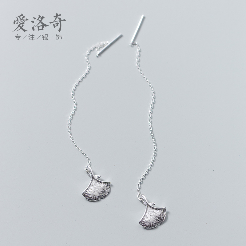 S925 línea de hongo blanco femenino estilo japonés hilo de oreja de ginkgo hoja de albaricoque cadena de oreja larga hoja de viento de bosque joyería de oreja G0241 image 3