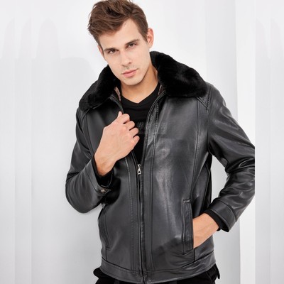 新款冬季翻领皮衣男中年加绒PU机车男士夹克外套皮毛一体爸爸装|ru